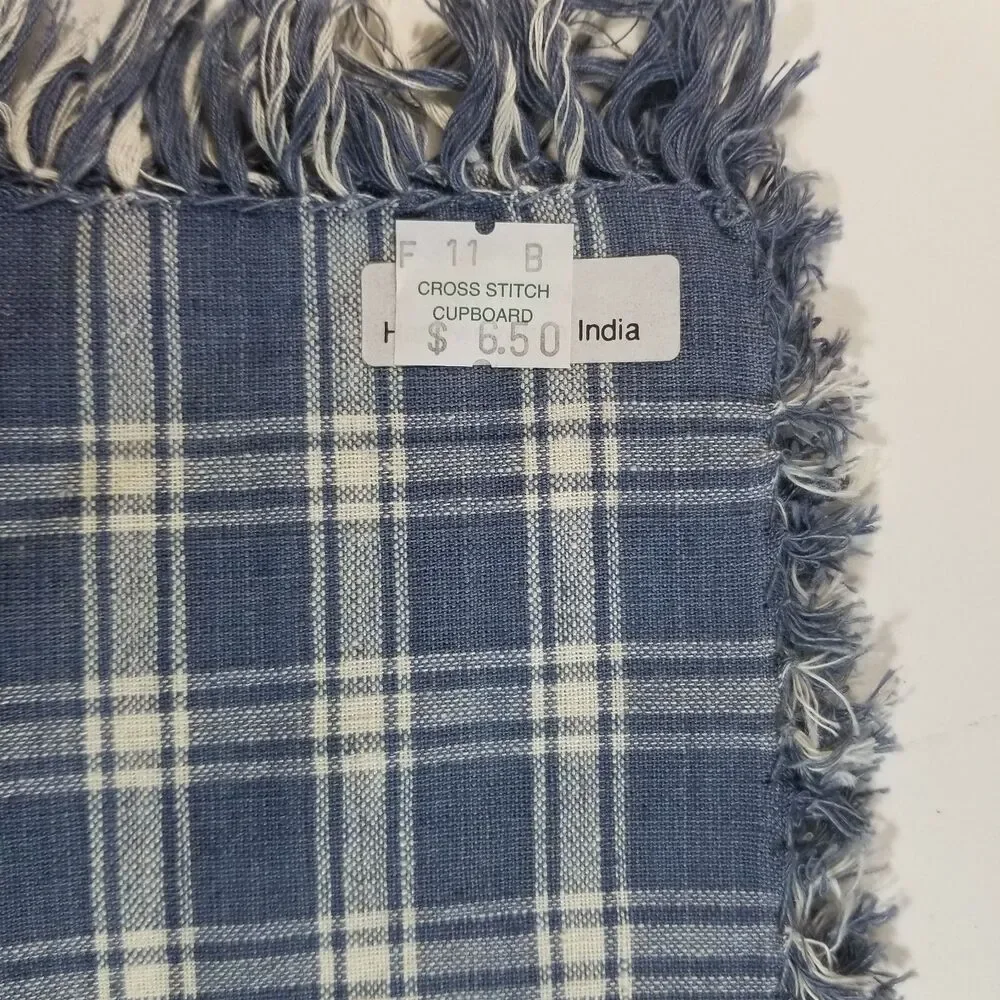 Southwestern Cactus Fabric Napkins Blue Plaid Set of 4 Fringe Edge NEW Tags